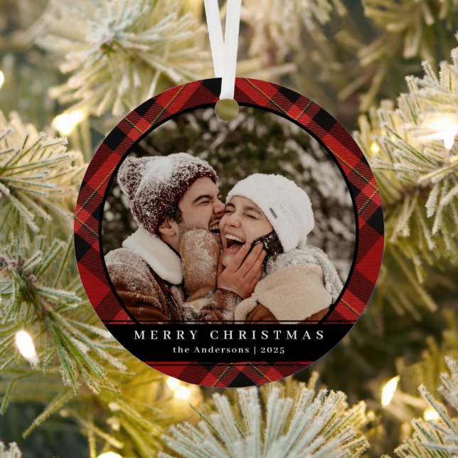 Stylish Minimal Red Plaid Christmas Couple Photo Metal Tree Decoration (Insitu)