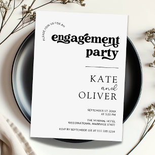 Stylish Minimal Retro Black White Engagement Party Invitation
