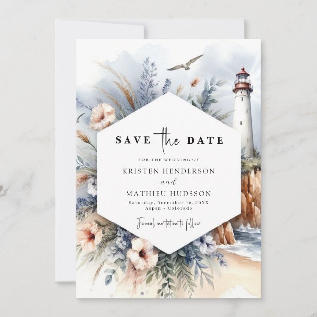  Stylish Minimal Watercolor Lighthouse Wedding Save The Date (Front)
