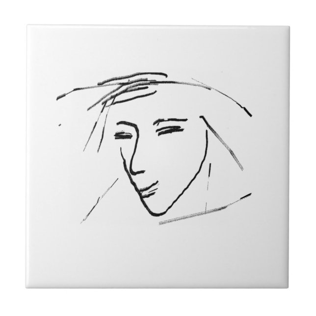 Stylish Minimalism White Black Face Sketch Tile (Front)