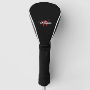 Stylish Minimalist Monogrammed Black Red Golf Head Cover