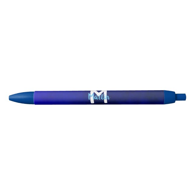 Stylish Minimalist White And Blue Monogram Black Ink Pen (Front)