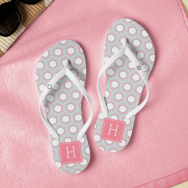 Stylish Mint and Coral Geometric Pattern Monogram Jandals (Creator Uploaded)