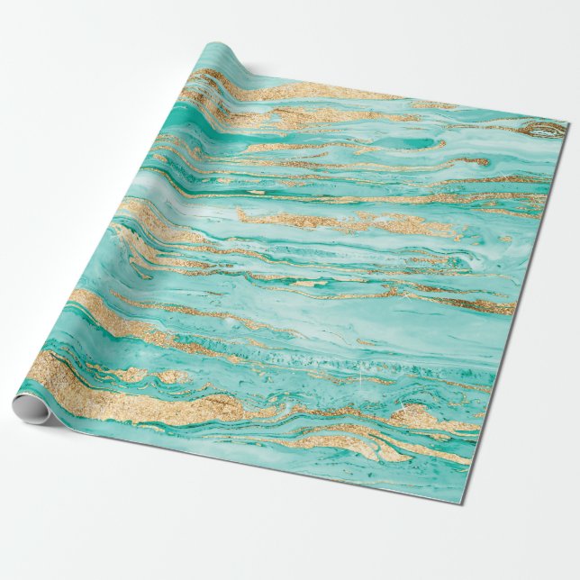 Stylish Mint Gold Abstract Marble Liquid Paint Wrapping Paper (Unrolled)