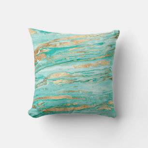 Stylish Mint & Gold Abstract Marbleised Paint Cushion