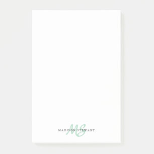 Stylish Mint Green Chic Brush Script Monogram Cute Post-it Notes