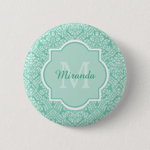 Stylish Mint Green Damask Monogram With Name 6 Cm Round Badge