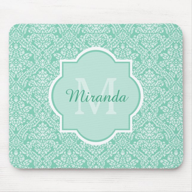 Stylish Mint Green Damask Monogram With Name Mouse Pad (Front)