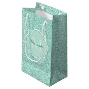 Stylish Mint Green Damask Monogram With Name Small Gift Bag