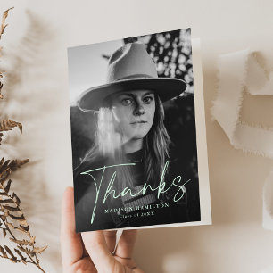 Stylish Mint Green Script Photo Graduation Thank You Card