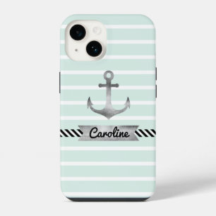 Stylish Mint Green Stripes Watercolor Anchor Case- iPhone 14 Case
