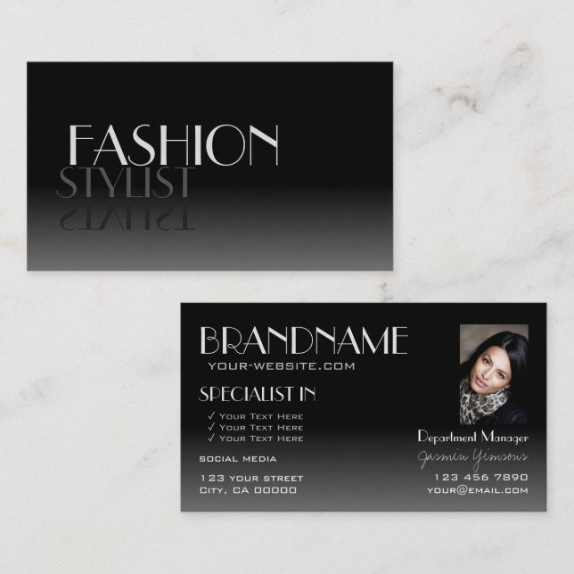 Stylish Mirror Font Classic Black White with Photo Business Card (Front/Back)