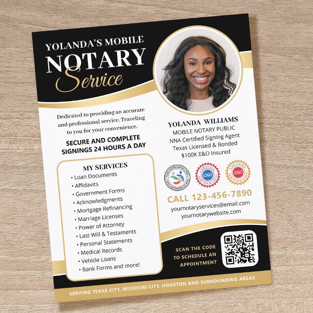 Stylish Mobile Notary Public QR Code Black Gold Flyer (Creator Uploaded)