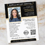 Stylish Mobile Notary Service Photo Black Gold Flyer<br><div class="desc">Attract more customers with these classic Notary Public business flyers. A stylish template personalised with your photo, name, details, QR code and a logo or accreditation symbol. Business flyers are an effective way to promote your business and advertise your notary services. An effective way to promote your business and advertise...</div>