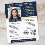 Stylish Mobile Notary Service Photo Blue Gold Flyer<br><div class="desc">Attract more customers with these classic Notary Public business flyers. A stylish template personalised with your photo, name, details, QR code and a logo or accreditation symbol. Business flyers are an effective way to promote your business and advertise your notary services. An effective way to promote your business and advertise...</div>