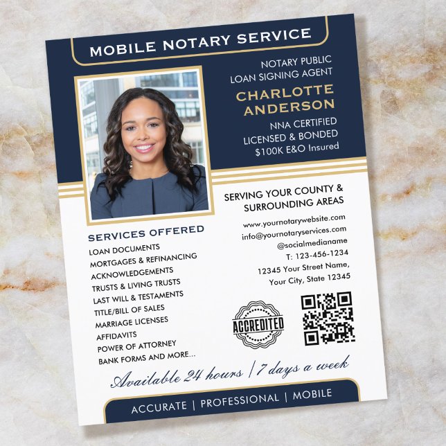 Stylish Mobile Notary Service Photo Blue Gold Flyer (Creator Uploaded)