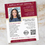 Stylish Mobile Notary Service Photo Burgundy Gold Flyer<br><div class="desc">Attract more customers with these classic Notary Public business flyers. A stylish template personalised with your photo, name, details, QR code and a logo or accreditation symbol. Business flyers are an effective way to promote your business and advertise your notary services. An effective way to promote your business and advertise...</div>