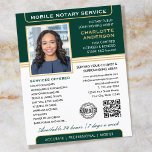 Stylish Mobile Notary Service Photo Green Gold<br><div class="desc">Professional Notary Public flyers with a profile photo, accreditation symbol and QR code. This editable template can be personalised with a name, qualifications, availability, area served, contact information and a list of services. Add your company logo or a certification mark for branding, and connect clients to your website with a...</div>