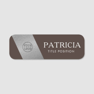 Stylish Mocha Brown & Glittered Luxury Silver Logo Name Tag