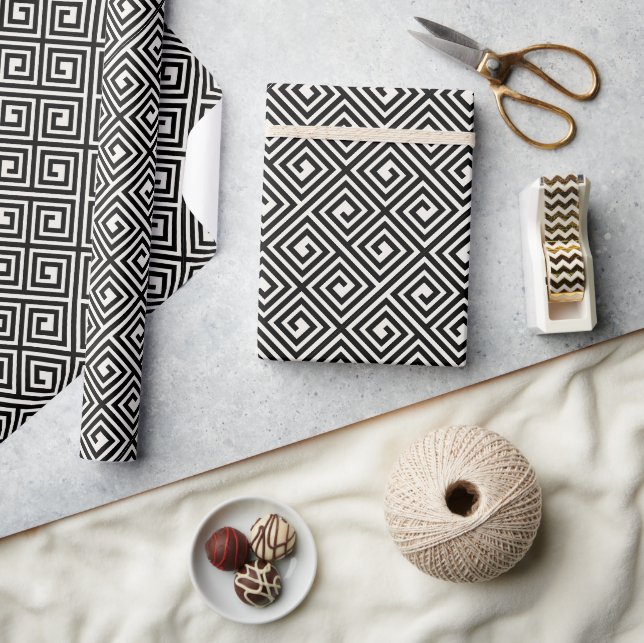 Stylish Mod Ivory/Black Greek Key Seamless Pattern Wrapping Paper (Crafts)