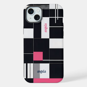 Stylish modern abstract geometric pink black iPhone 15 plus case