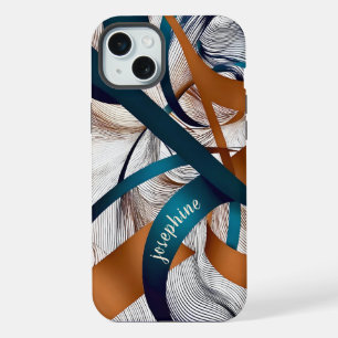 Stylish modern abstract teal and bronze ribbon  iPhone 15 plus case