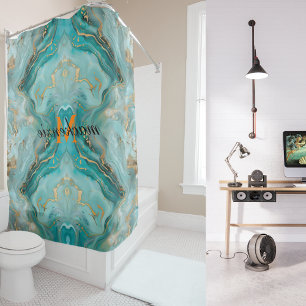 Stylish Modern Aqua Gold Marble Orange Monogram Shower Curtain