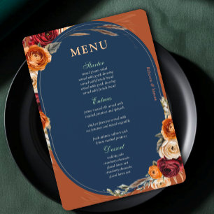 Stylish modern autumn orange navy floral wedding  menu