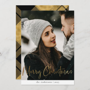 Stylish Modern Black Gold Plaid Christmas Photo Holiday Card