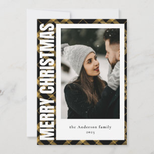 Stylish Modern Black & Gold Plaid Photo Christmas Holiday Card