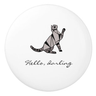 Stylish Modern Black Graphic Cat and Script Ceramic Knob