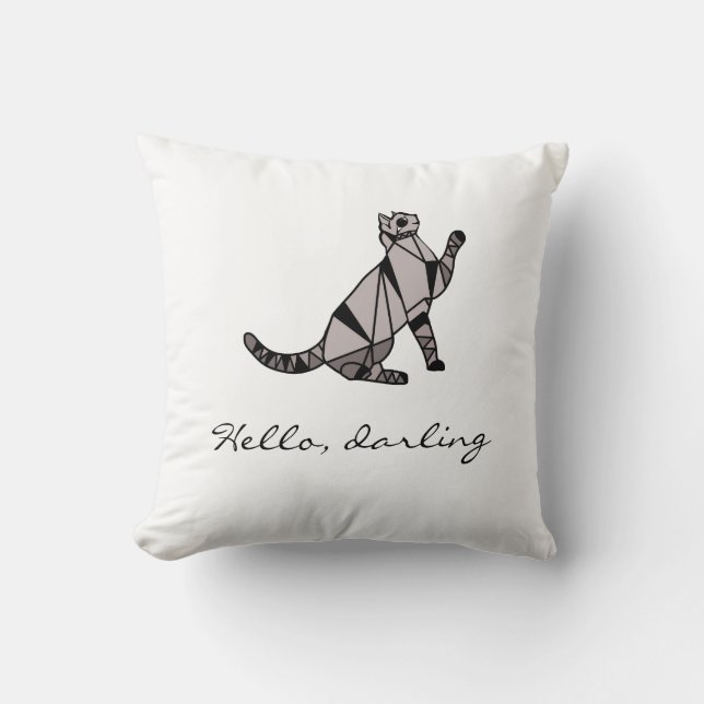 Stylish Modern Black Graphic Cat and Script Cushion (Front)