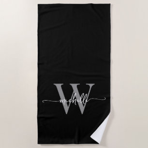Stylish Modern Black Grey Monogram Name Script Beach Towel