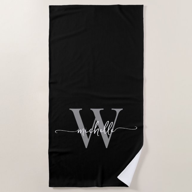 Stylish Modern Black Grey Monogram Name Script Beach Towel (Front)