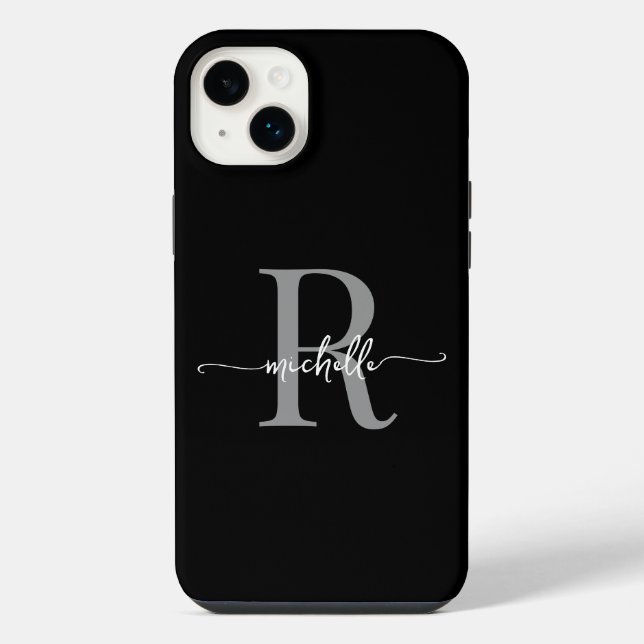 Stylish Modern Black Grey Script Monogram Initial iPhone Case (Back)