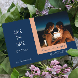 Stylish Modern Blue Beige Photo Simple Wedding Save The Date