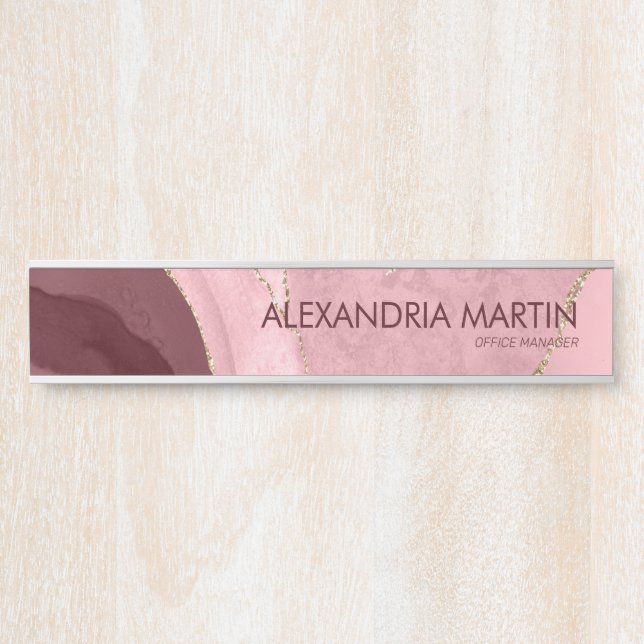 Stylish Modern Burgundy Pink Gold Glitter Marble Door Sign (Front)