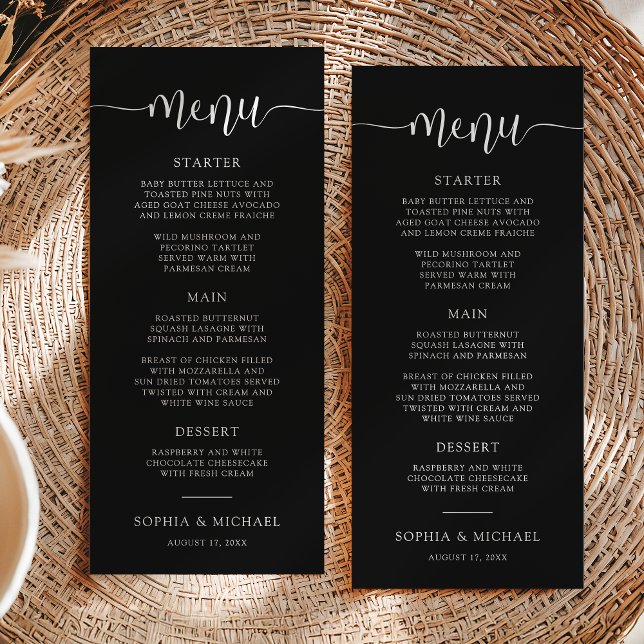 Stylish Modern Calligraphy Black Wedding Menu (Creator Uploaded)