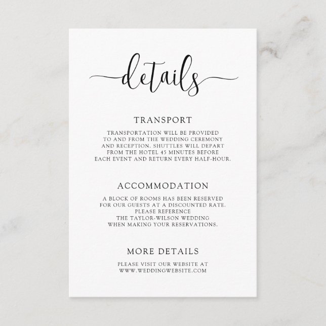 Stylish Modern Calligraphy Wedding Details Enclosure Card (Front)