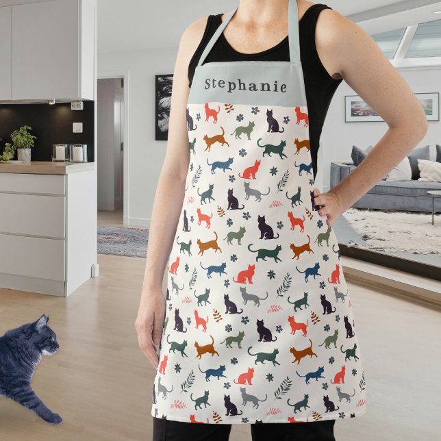 Stylish Modern Cats Pattern Cream Personalised Apron (A personalized kitchen apron with colorful cat silhouettes pattern in warm and neutral colors)