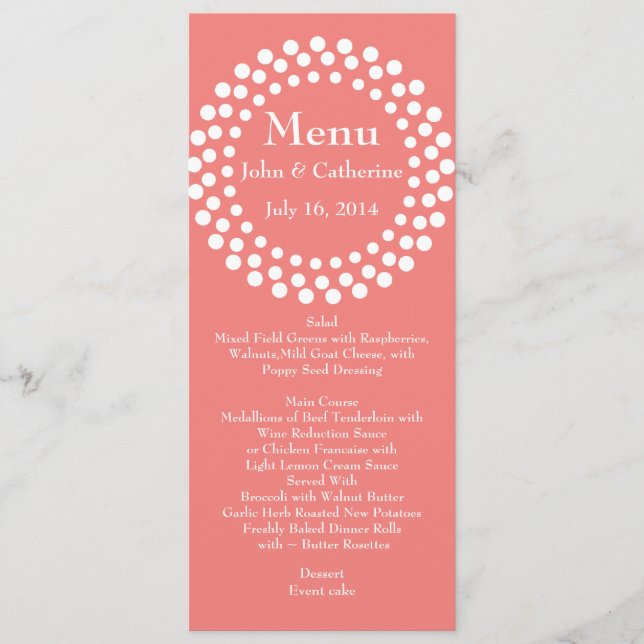 Stylish Modern Coral Colour Wedding Table Menu (Front)