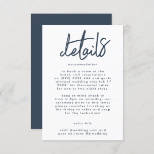 Stylish Modern Custom Names Navy Blue Wedding Enclosure Card