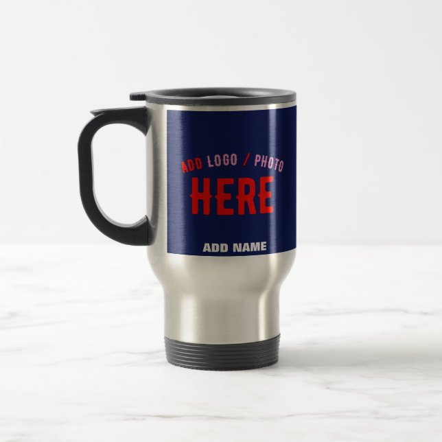 STYLISH MODERN CUSTOM NAVY BLUE VERIFIED BRANDED TRAVEL MUG (Left)