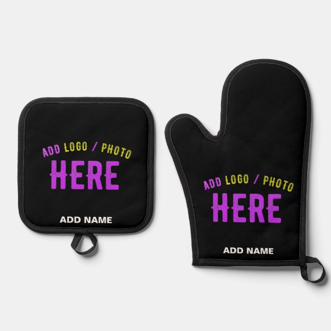 STYLISH MODERN CUSTOMIZABLE BLACK VERIFIED BRANDED OVEN MITT & POT HOLDER SET (Front)