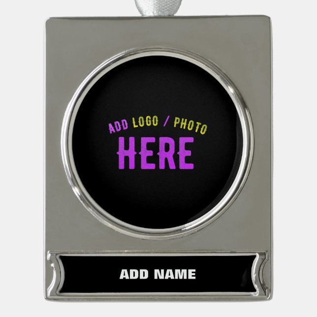 STYLISH MODERN CUSTOMIZABLE BLACK VERIFIED BRANDED SILVER PLATED BANNER ORNAMENT (Front)