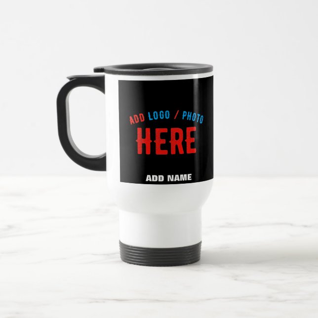 STYLISH MODERN CUSTOMIZABLE BLACK VERIFIED BRANDED TRAVEL MUG (Left)