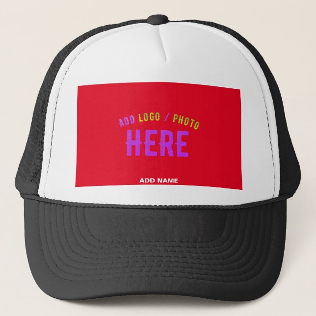 STYLISH MODERN CUSTOMIZABLE WHITE BLACK RED BRAND TRUCKER HAT (Front)
