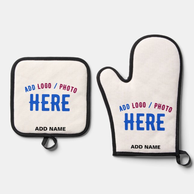 STYLISH MODERN CUSTOMIZABLE WHITE VERIFIED BRANDED OVEN MITT & POT HOLDER SET (Front)