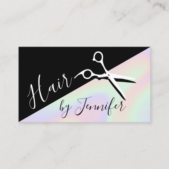 Stylish modern elegant holographic hairstylist business card (Front)