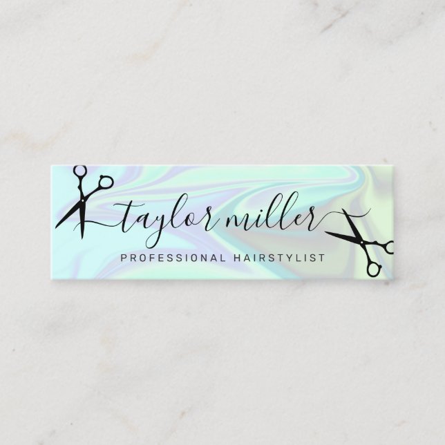 Stylish modern elegant holographic hairstylist mini business card (Front)
